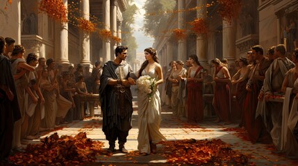 A digital painting depicting an Ancient Roman wedding with guests and a flower-strewn path