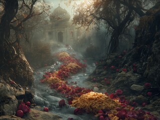 Poster - A forest with a building in the background. The forest is full of red flowers