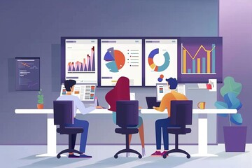 Wall Mural - dynamic office scene with team analyzing statistics and data vector illustration