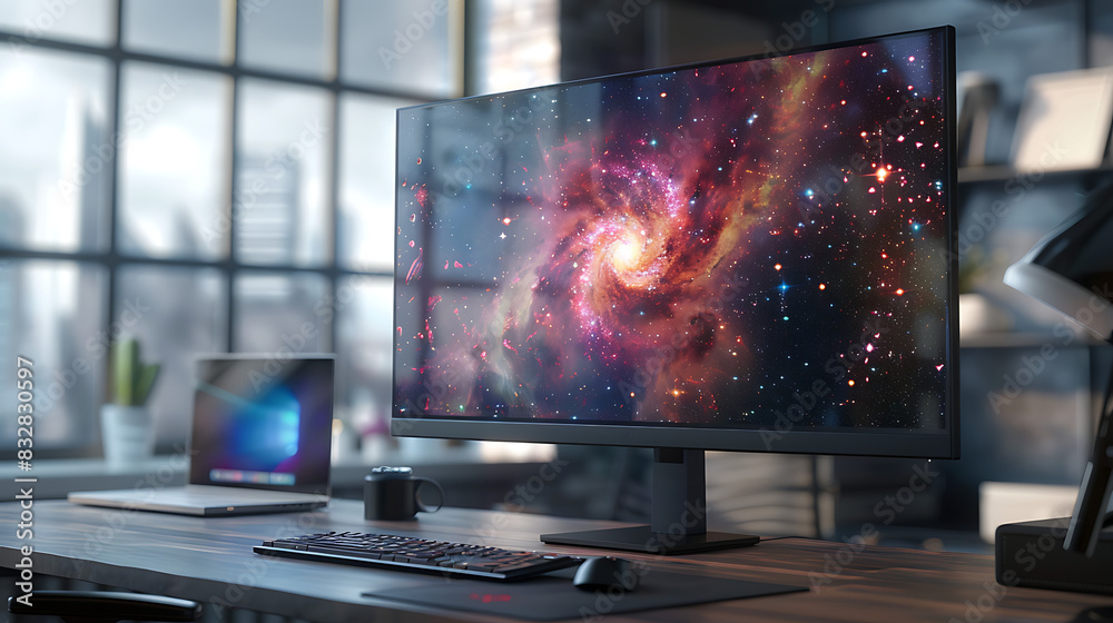 a desktop computer setup with a monitor displaying a vibrant galaxy or ...