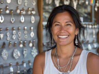 Canvas Print - A woman is smiling and wearing a necklace and earrings. She is standing in front of a display of jewelry