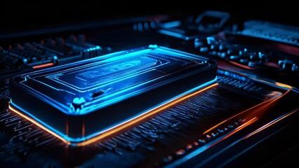 Poster - Close-up of a microcircuit with blue neon light