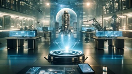 Aufkleber - A high-tech laboratory filled with advanced computer systems showcases a futuristic spacecraft hologram in operation during the late evening.