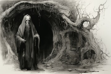Canvas Print - A mysterious and enigmatic hermit, dwelling in solitude and possessing ancient wisdom. - Generative AI