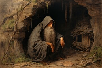 Canvas Print - A mysterious and enigmatic hermit, dwelling in solitude and possessing ancient wisdom. - Generative AI