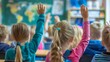 © Space Priest - Children raise their hands to answer in the classroom. Back To School concept. Background with selective focus