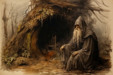 Canvas Print - A mysterious and enigmatic hermit, dwelling in solitude and possessing ancient wisdom. - Generative AI