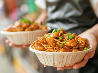 Two people holding up two bowls of food. One bowl has noodles and the other has meat. The bowls are in plastic containers