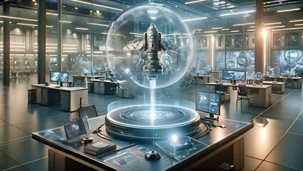 Poster - Engineers work on a holographic spacecraft model in a high-tech lab filled with advanced computer systems and futuristic interfaces during nighttime.