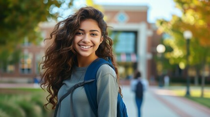 Wall Mural - Young female student goes to class, back to study concept. Background with selective focus and copy space