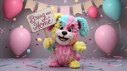 Poster - A stuffed dog holding a sign that says bring home my new puppy, AI