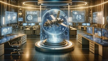 Aufkleber - A modern space research lab showcases a holographic satellite model surrounded by high-tech equipment and multiple computer stations during the day.