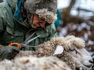 Wall Mural - A man is cutting the wool off of a sheep. The sheep is white and has a black spot on its head