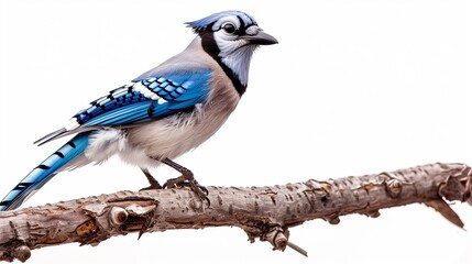 A charming blue jay perched on a branch, its striking blue and white feathers sharply contrasted against the solid white background.