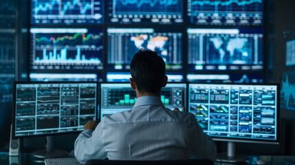 Poster - A man sits at a desk, focused on multiple monitors displaying data and graphs.