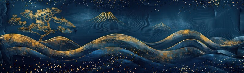 Wall Mural - Dark blue mural wallpaper from the contemporary era tree, mountain and waves of gold on a dark blue backdrop depicting a jungle or forest