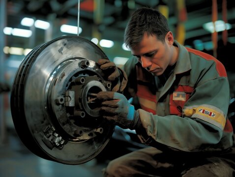 A man is working on a wheel in a factory. Concept of hard work and dedication as the man carefully inspects and repairs the wheel. The scene suggests that the man is skilled