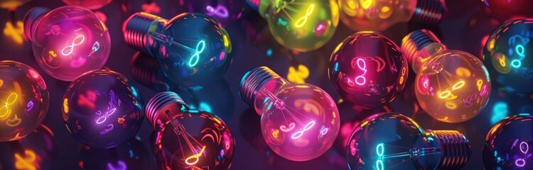 Wall Mural - Colorful light bulbs on a dark background. A creative idea concept with many colored glowing lamps. A 3D rendering illustration of innovative and 