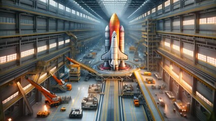 Aufkleber - A space shuttle sits in a spacious, well-lit hangar at a facility, surrounded by machinery and equipment, as technicians prepare it for an upcoming launch.