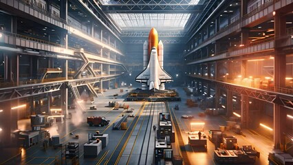 Aufkleber - A space shuttle is being assembled in a high-tech facility with industrial equipment and sunlight illuminating the area through roof windows.