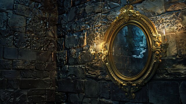 In a medieval castle, a golden-framed mirror hangs on a stone wall, glowing mysteriously at night. It reflects an ancient room, filled with magic and secrets.