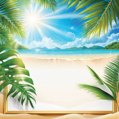 Summer background with frame, tropical golden beach nature with sunlight rays and palm leaves. And the sky is blue for summer vacation with writing space