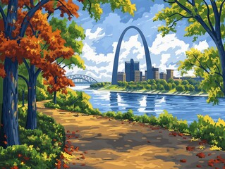 Wall Mural - A painting of a city with a large arch over a river. The painting is in color and has a peaceful, serene mood