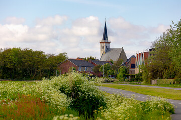 Wall Mural - Spring landscape, Countryside road with wildflower and green grass, A little town on the wadden islands, Den Hoorn is small village and church (Hervormde kerk) Texel island, Noord Holland, Netherlands