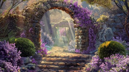 Mystical fairy garden with a stone archway and blooming lilac bushes. The archway serves as a portal to a whimsical world. A picturesque digital painting.