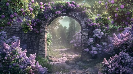 Mystical fairy garden with a stone archway and blooming lilac bushes. The archway serves as a portal to a whimsical world. A picturesque digital painting.