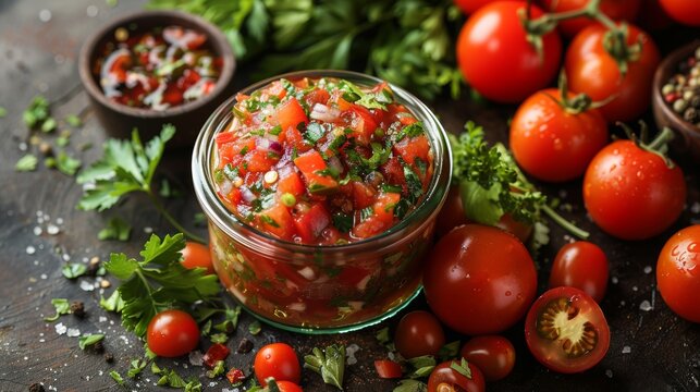 glass jar filled with homemade spicy salsa, alongside fresh tomatoes and cilantro on rustic backdrop, capturing traditional recipe concept