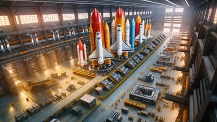 Poster - A large industrial facility filled with a significant number of space shuttles waiting for maintenance and repairs.