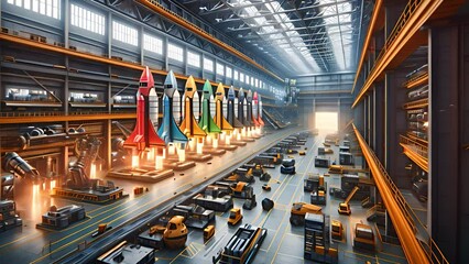 Aufkleber - Several vibrant rockets are lined up and being readied for launch inside a spacious, high-tech industrial facility, with various machinery and equipment around.