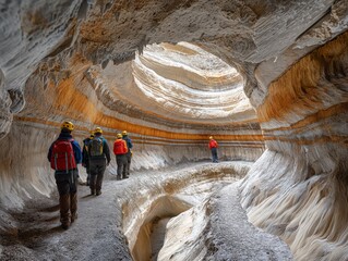 Sticker - A group of people are walking through a cave. The cave is very narrow and the people are wearing yellow helmets