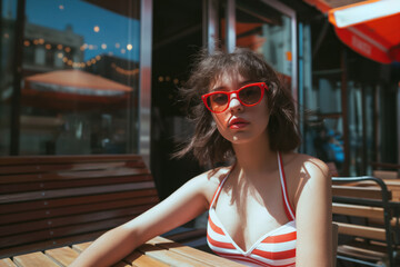 young urban woman in stylish red sunglasses and striped dress at a cafe table, summer vibe 