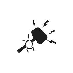 Poster - Hand with hammer vector. Hammer in hand icon with sparkles. Hammer symbol of strength and power vector. The hand holds the tool tightly. Dismantling symbol. Hand with hammer construction icon.