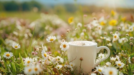 Wall Mural - Dairy beverage in a cup and blossoming meadow blooms
