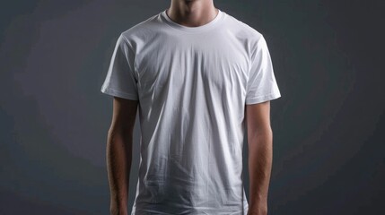 Wall Mural - front view of white tshirt mockup on man, grey background, fashion style