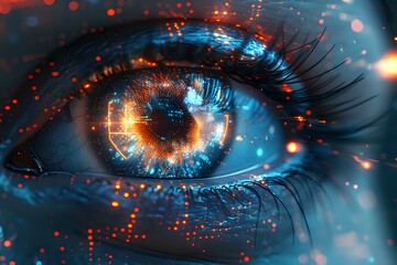 Poster - 
Close-up of a human eye with digital overlay, symbolizing the intersection of human and technology. Ideal for tech blogs, artificial intelligence content, and futuristic themes.