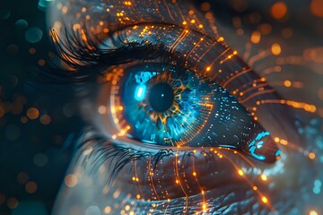 Poster - Close-up of a human eye with digital overlay, symbolizing the intersection of human and technology. Ideal for tech blogs, artificial intelligence content, and futuristic themes.