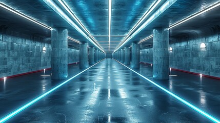 Wall Mural - Hallway, hall interior, perspective, technology. White led light in the concrete corridor. Abstract dark garage background.