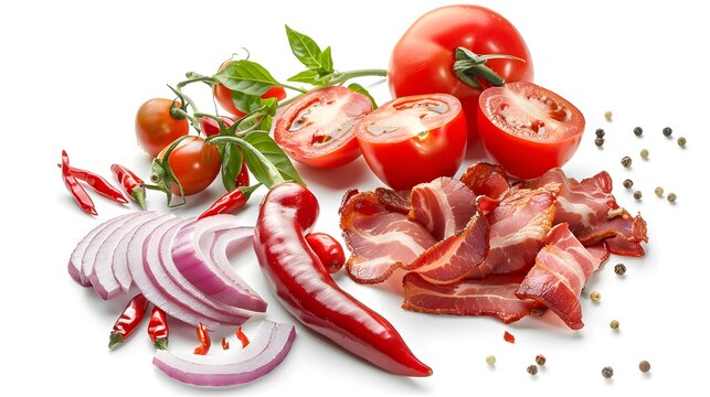 Amatriciana sauce ingredients. Tomato, onion, red hot chilli pepper and Italian bacon isolated on white background
