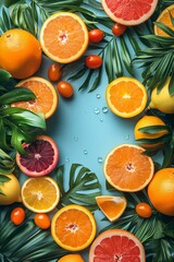 Wall Mural - Oranges and green foliage in the background. Summer background of oranges and greens