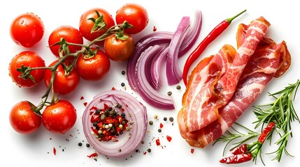 Wall Mural - Amatriciana sauce ingredients. Tomato, onion, red hot chilli pepper and Italian bacon isolated on white background
