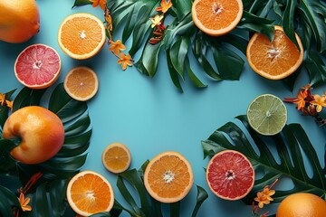 Wall Mural - Oranges and green foliage in the background. Summer background of oranges and greens