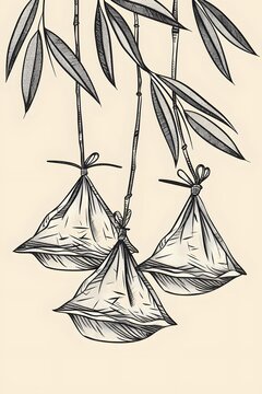Dragon Boat Festival decorations hanging zongzi dumplings line art illustration. Traditional holiday clip art, card, banner, poster element. Asian style design, isolated vector.