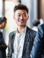  a young Chinese businessman networking at an international startup event