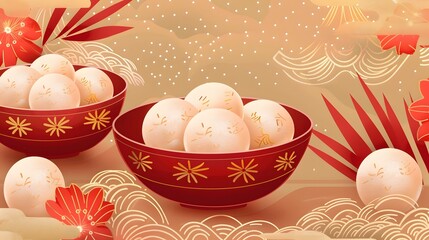 Wall Mural - Tangyuan rice balls. Red bowl icon with food on a gold background. Traditional Asian cuisine. Happy dragon boat festival with cute rice dumplings.
