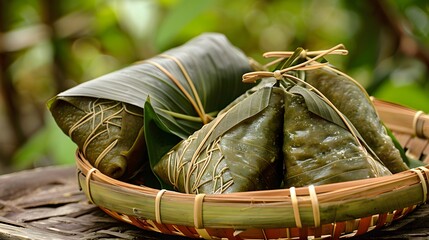 Wall Mural - Zongzi or sticky rice dumplings are traditionally eaten during the dragon boat festival. traditional chinese dumpling also called bakcang