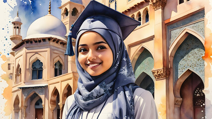 Cute muslim hijab female student graduation cartoon character, Generative AI